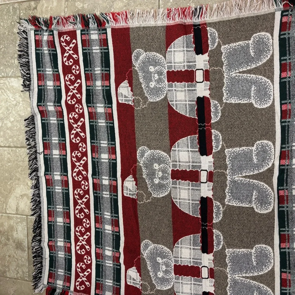 Crown Crafts Christmas Teddy Bears Woven Throw‎ Blanket Cotton Made in USA